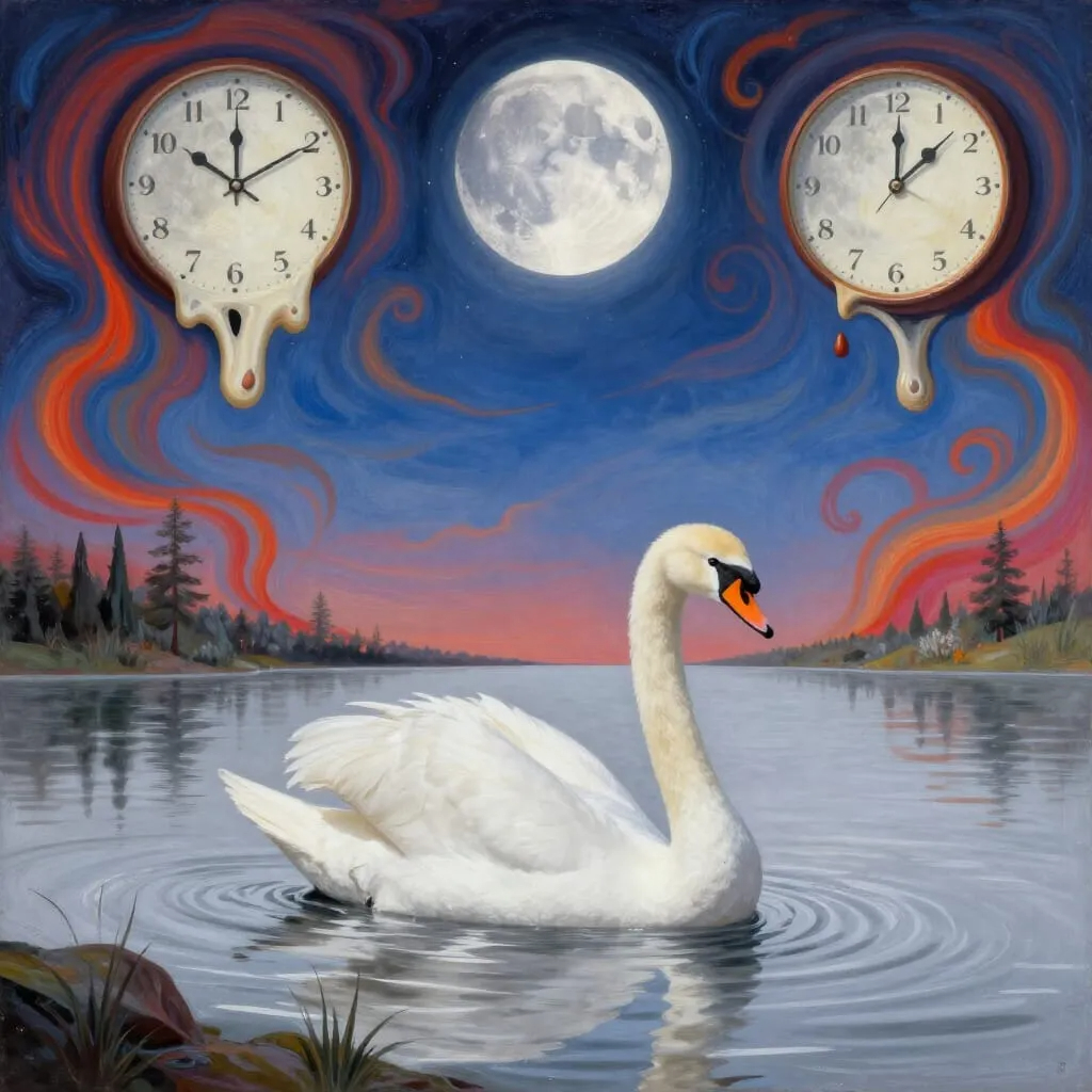 Svaner og smeltende klokker i et surrealistisk landskap